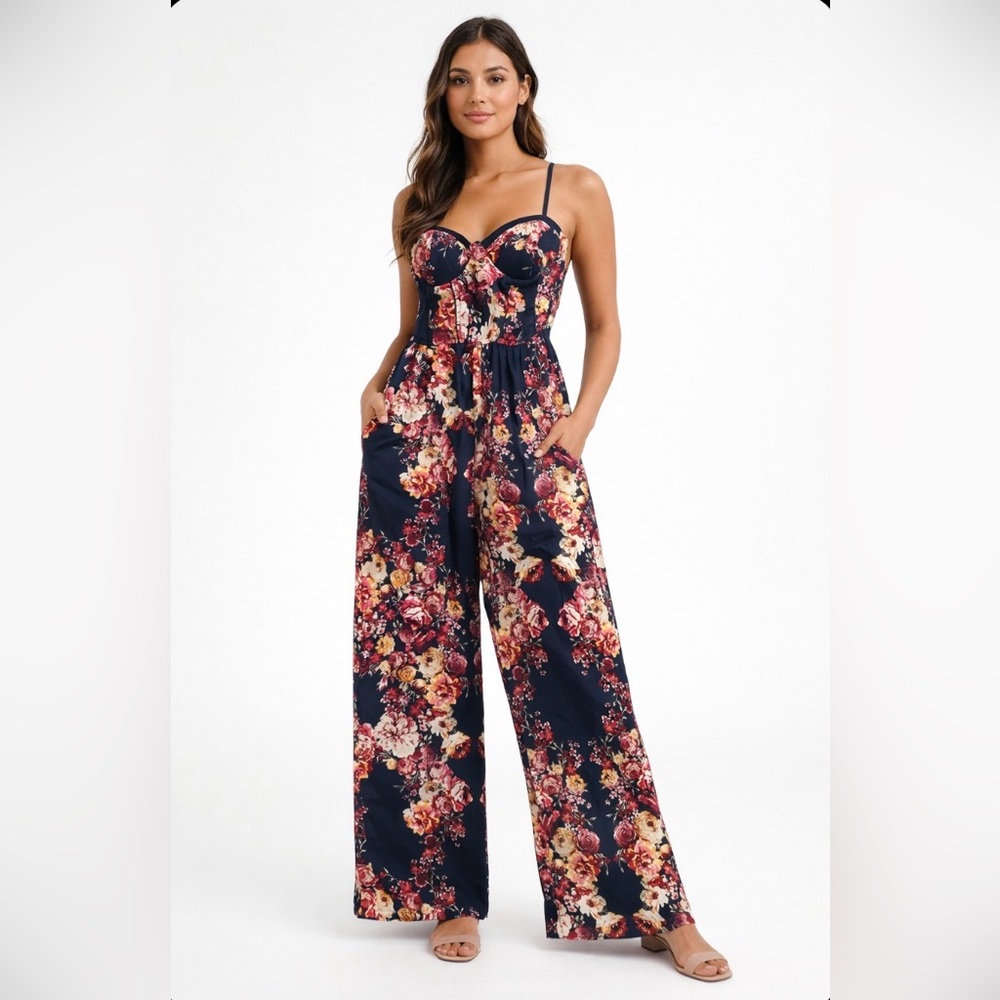 Band of Gypsies Floral Jumpsuit Women’s Small Wide Leg Elastic Back Boho